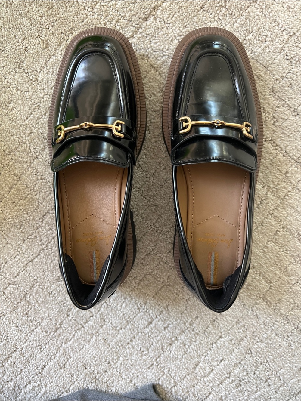 Sam Edelman Black Patent Loafers with Gold Bit
